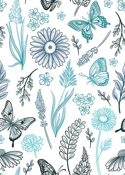 Carta da parati Contorno di farfalle e fiori nei toni del blu e dell'azzurro, Parati fiori e piante classici, a00311 : Uwalls.it