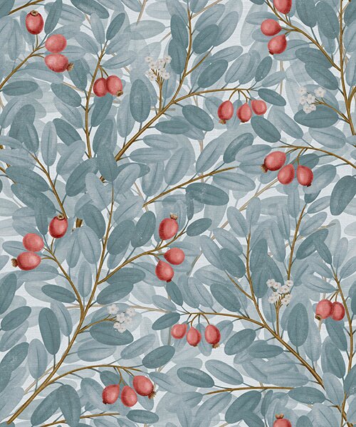 Carta da parati Foglie blu con rametti di bacche rosse, Parati fiori e piante classici, a00309 : Uwalls.it