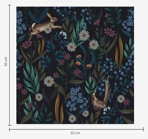 Carta da parati Foresta scura con fiori, lepre e uccello, Parati fiori e piante classici, a00310 : Uwalls.it