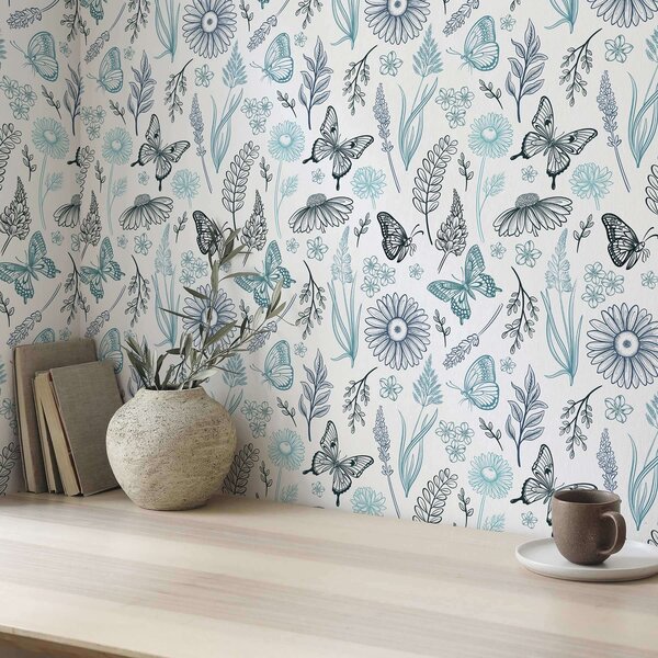 Carta da parati Contorno di farfalle e fiori nei toni del blu e dell'azzurro, Parati fiori e piante classici, a00311 : Uwalls.it