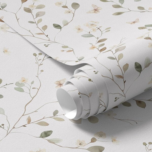 Carta da parati Rami sottili con fiori e farfalle su sfondo bianco, Parati fiori e piante classici, a00342 : Uwalls.it