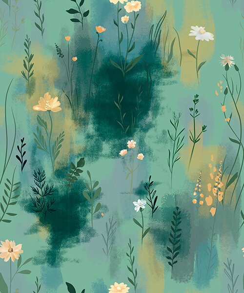 Carta da parati Astrazione acquerello con fiori su sfondo verde, Parati fiori e piante classici, a00312 : Uwalls.it
