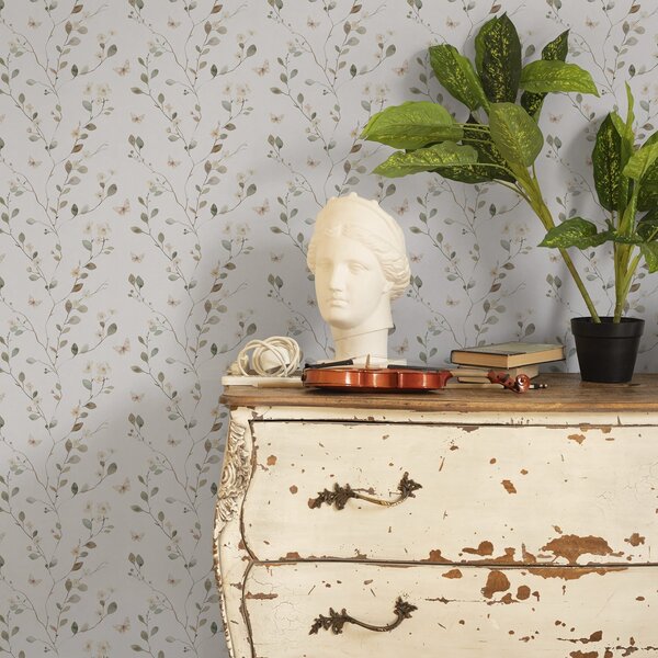 Carta da parati Rami sottili con fiori e farfalle su sfondo bianco, Parati fiori e piante classici, a00342 : Uwalls.it