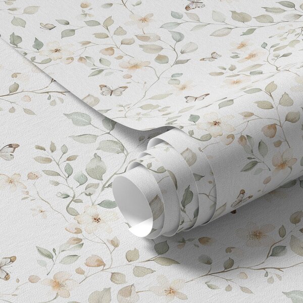 Carta da parati Rami leggeri con foglie e fiori in piccola ripetizione, Parati fiori e piante classici, a00343 : Uwalls.it