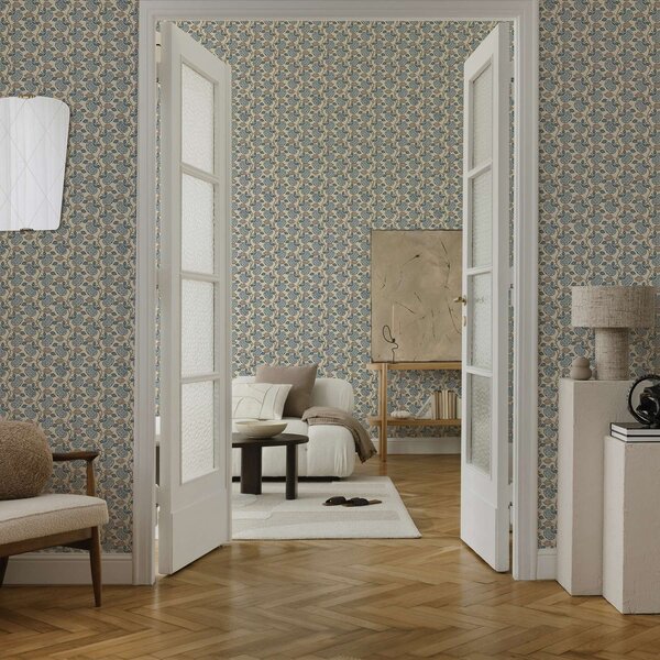 Carta da parati Motivo simmetrico con elementi blu e beige, Parati fiori e piante classici, a00360 : Uwalls.it