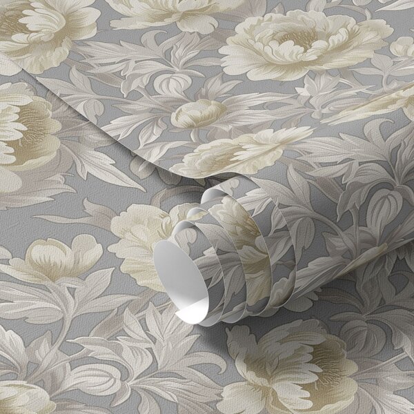 Carta da parati Peonie e foglie lussureggianti su uno sfondo grigio, Parati fiori e piante classici, a00403 : Uwalls.it