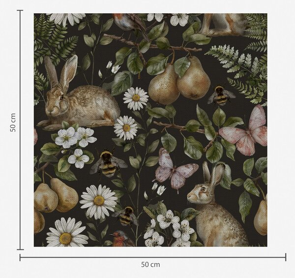 Carta da parati Conigli realistici, pere, fiori e insetti su sfondo scuro, Parati foresta classici, a00401 : Uwalls.it
