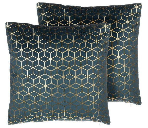 Set di 2 cuscini decorativi Motivo a cubo in velluto blu 45 x 45 cm Stampa geometrica in lamina Moderno Glamour Decor Accessori Beliani