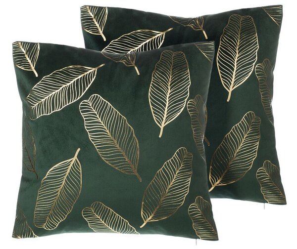 Set di 2 cuscini decorativi con motivo foglia di velluto verde 45 x 45 cm Accessori decorativi con stampa in lamina dorato Beliani