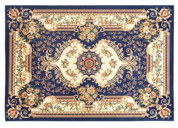 Tappeto tappetino Moquette Blu Bianco Tessuto in poliestere Motivo floreale vittoriano Fondo rivestito in gomma 140 x 200 cm Beliani
