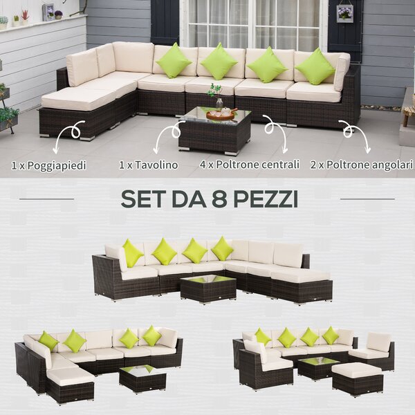 Outsunny Mobili da Giardino in Rattan e Alluminio Set 8 Pezzi, Salotto da Giardino Componibile con Divani e Tavolino da Esterno|Aosom