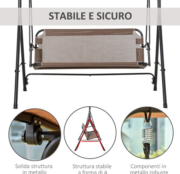 Outsunny Dondolo da Giardino Terrazza 3 Posti con Tettuccio Parasole Regolabile, Metallo e Texteline 172x110x155cm Marrone|Aosom