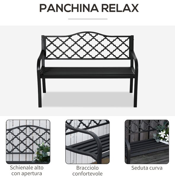 Outsunny Panchina da Esterno 2 Posti in Acciaio e Ghisa con Braccioli e Schienale Decorato, 128x58.5x89cm, Nero|Aosom