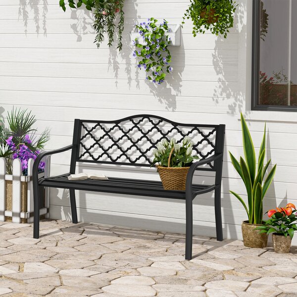 Outsunny Panchina da Esterno 2 Posti in Acciaio e Ghisa con Braccioli e Schienale Decorato, 128x58.5x89cm, Nero|Aosom