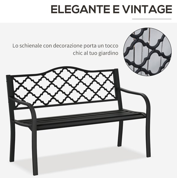 Outsunny Panchina da Esterno 2 Posti in Acciaio e Ghisa con Braccioli e Schienale Decorato, 128x58.5x89cm, Nero|Aosom
