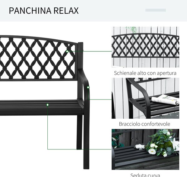 Outsunny Panchina da Esterno a 2 Posti con Braccioli in Acciaio e Ghisa, Panchina da Giardino con Schienale Decorato, Nero|Aosom