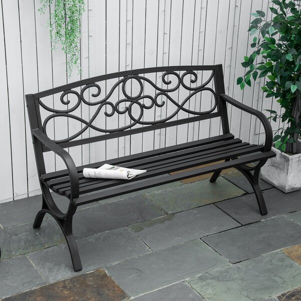 Outsunny Panchina da Giardino a 2 Posti in Acciaio e Ghisa con Braccioli, Panchina da Esterno con Schienale Decorato, Nero|Aosom