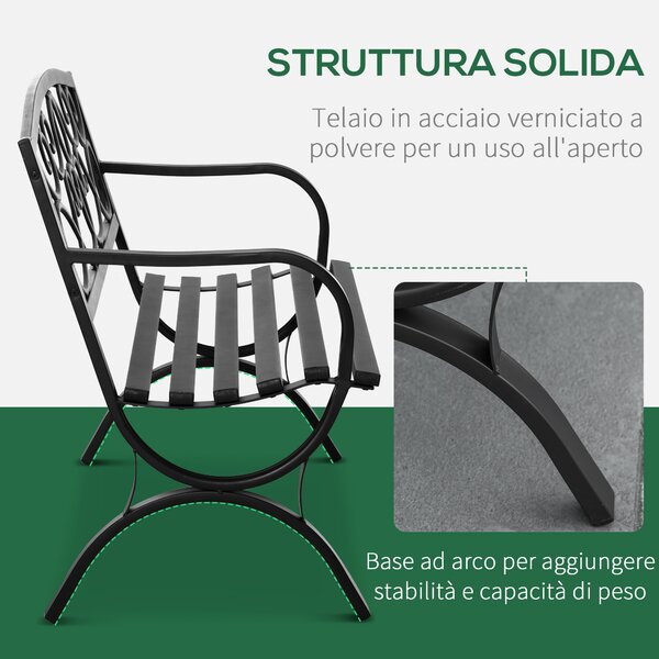 Outsunny Panchina da Giardino a 2 Posti in Acciaio e Ghisa con Braccioli, Panchina da Esterno con Schienale Decorato, Nero|Aosom