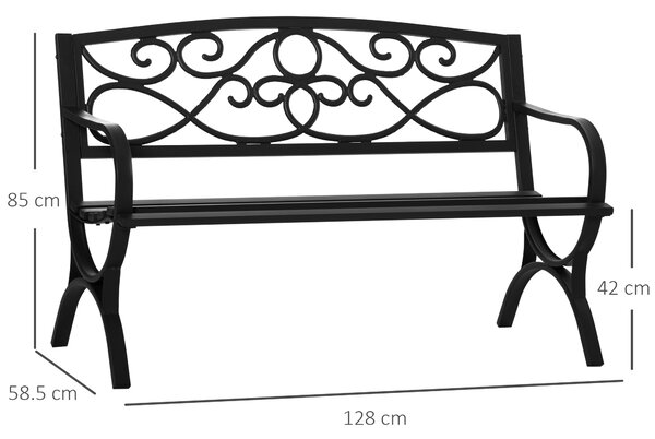 Outsunny Panchina da Giardino a 2 Posti in Acciaio e Ghisa con Braccioli, Panchina da Esterno con Schienale Decorato, Nero|Aosom