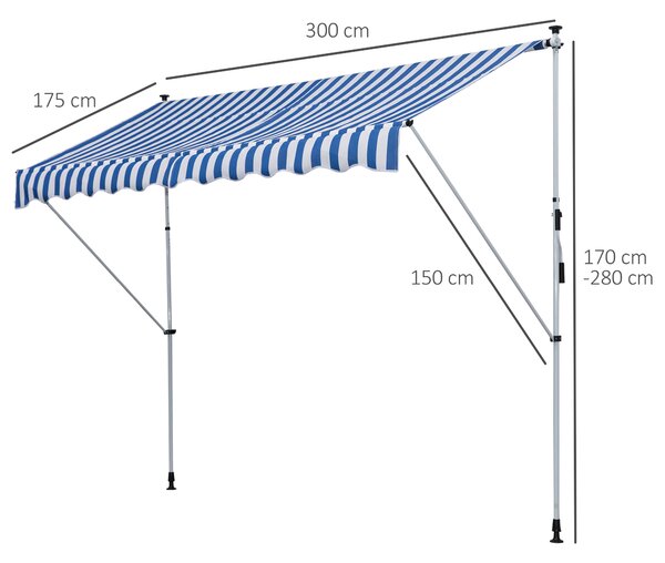 Outsunny Tenda avvolgibile da Sole a Bracci per balcone con Manovella e Pali di Supporto, 3x1.5m, Blu e Bianco | Aosom Italy