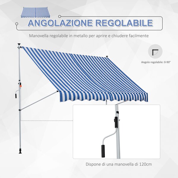 Outsunny Tenda avvolgibile da Sole a Bracci per balcone con Manovella e Pali di Supporto, 3x1.5m, Blu e Bianco | Aosom Italy