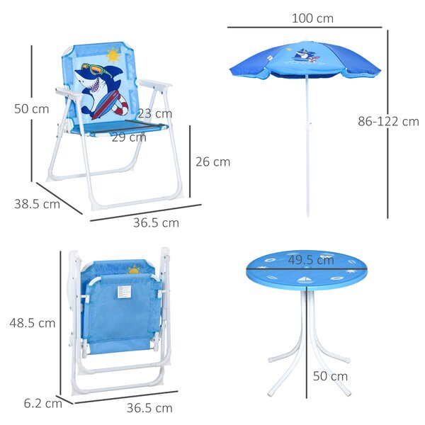 Outsunny Set Tavolo e Sedie per Bambini da Giardino, Ombrellone Regolabile, Design Squalo, 4 Pezzi, Blu, Perfetto per Esterni, Età 3-6 Anni