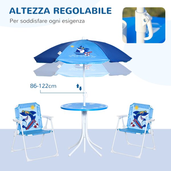 Outsunny Set Tavolo e Sedie per Bambini da Giardino, Ombrellone Regolabile, Design Squalo, 4 Pezzi, Blu, Perfetto per Esterni, Età 3-6 Anni
