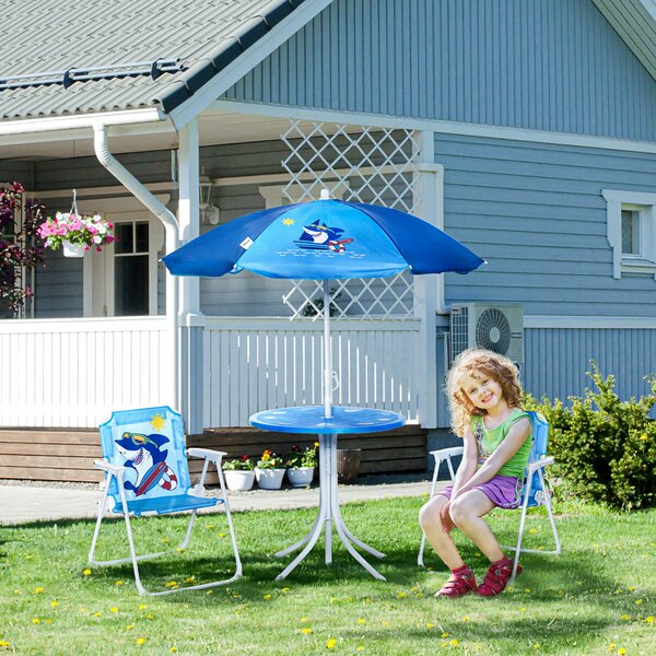 Outsunny Set Tavolo e Sedie per Bambini da Giardino, Ombrellone Regolabile, Design Squalo, 4 Pezzi, Blu, Perfetto per Esterni, Età 3-6 Anni