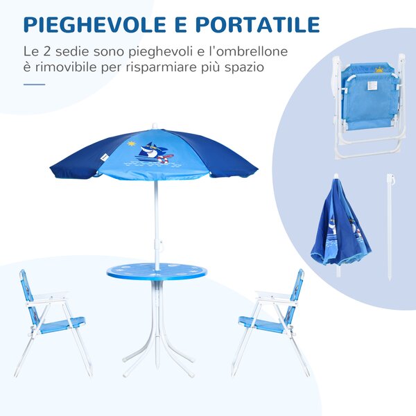 Outsunny Set Tavolo e Sedie per Bambini da Giardino, Ombrellone Regolabile, Design Squalo, 4 Pezzi, Blu, Perfetto per Esterni, Età 3-6 Anni