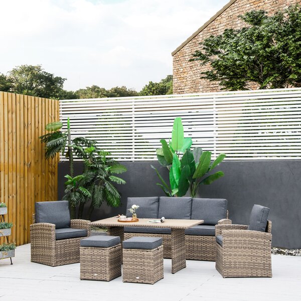 Outsunny Set Mobile da Giardino da 6 Pezzi in Rattan PE, Salotto con Divano 3 Posti, 2 Poltrone, 2 Sgabelli e Tavolo, Cuscini Sfoderabili, Grigio