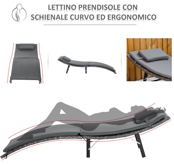 Outsunny Set 2 Lettini da Giardino in Rattan con Cuscini Rimovibili Lavabili e Tavolino Pieghevole, Sdrai da Giaridno, Grigio|Aosom