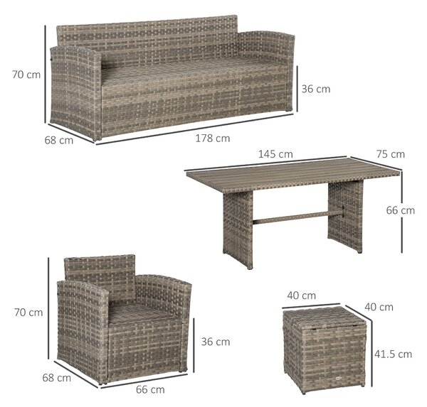 Outsunny Set Mobile da Giardino da 6 Pezzi in Rattan PE, Salotto con Divano 3 Posti, 2 Poltrone, 2 Sgabelli e Tavolo, Cuscini Sfoderabili, Grigio