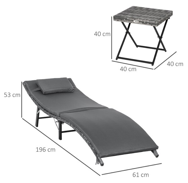 Outsunny Set 2 Lettini da Giardino in Rattan con Cuscini Rimovibili Lavabili e Tavolino Pieghevole, Sdrai da Giaridno, Grigio|Aosom