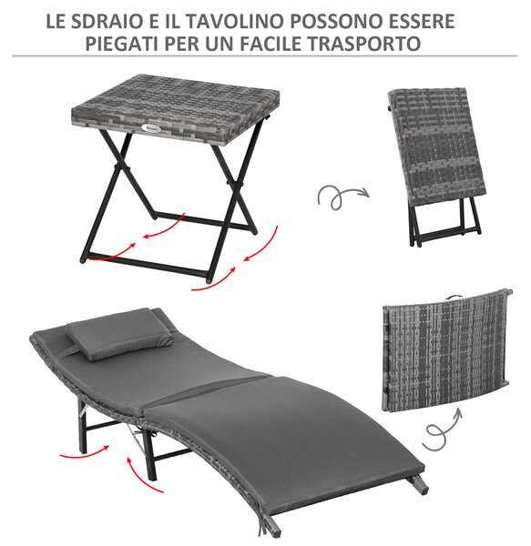 Outsunny Set 2 Lettini da Giardino in Rattan con Cuscini Rimovibili Lavabili e Tavolino Pieghevole, Sdrai da Giaridno, Grigio|Aosom