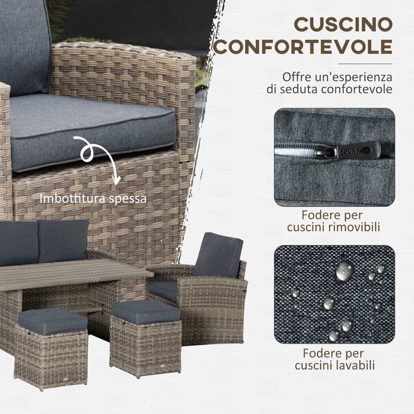 Outsunny Set Mobile da Giardino da 6 Pezzi in Rattan PE, Salotto con Divano 3 Posti, 2 Poltrone, 2 Sgabelli e Tavolo, Cuscini Sfoderabili, Grigio