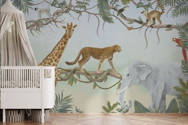 Carta da parati Illustrazione della giungla con giraffa, ghepardo ed elefante, Carta da parati per Bambini, w04194 : Uwalls.it