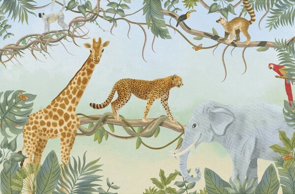 Carta da parati Illustrazione della giungla con giraffa, ghepardo ed elefante, Carta da parati per Bambini, w04194 : Uwalls.it