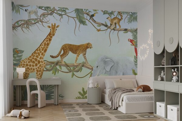 Carta da parati Illustrazione della giungla con giraffa, ghepardo ed elefante, Carta da parati per Bambini, w04194 : Uwalls.it