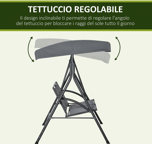 Outsunny Dondolo Giardino 2 Posti con Tettuccio Regolabile e Seduta in Texteline, Dondolo da Esterno in Acciaio, 140x118x162cm, Grigio | Aosom Italy
