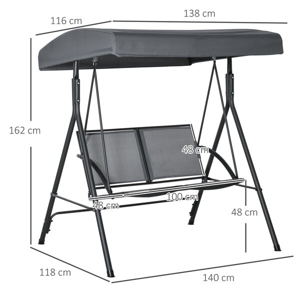 Outsunny Dondolo Giardino 2 Posti con Tettuccio Regolabile e Seduta in Texteline, Dondolo da Esterno in Acciaio, 140x118x162cm, Grigio | Aosom Italy
