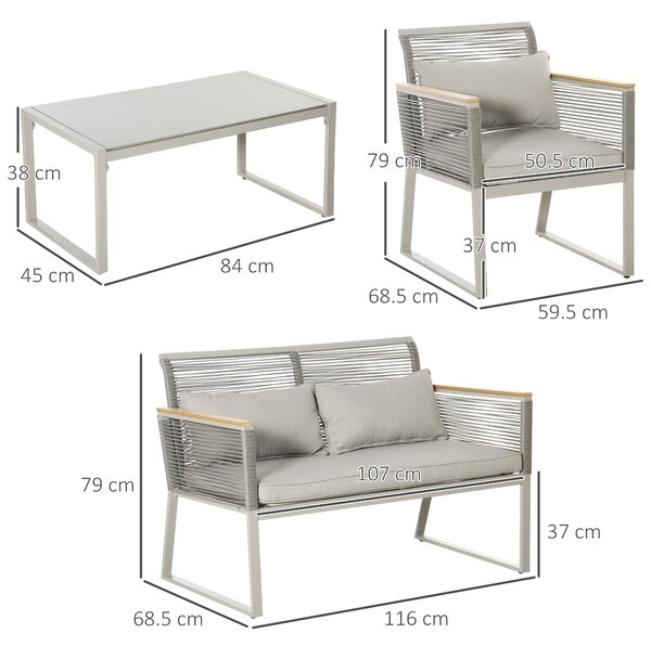 Outsunny Set da Giardino 4 Pezzi in Rattan PE con 2 Poltrone, Divanetto e Tavolino da Caffè in Vetro Temperato Grigio|Aosom