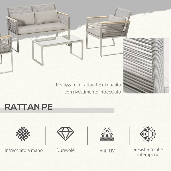Outsunny Set da Giardino 4 Pezzi in Rattan PE con 2 Poltrone, Divanetto e Tavolino da Caffè in Vetro Temperato Grigio|Aosom