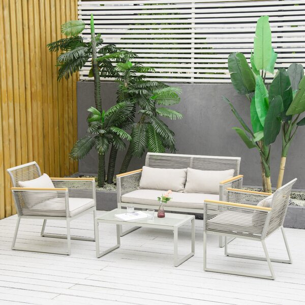 Outsunny Set da Giardino 4 Pezzi in Rattan PE con 2 Poltrone, Divanetto e Tavolino da Caffè in Vetro Temperato Grigio|Aosom