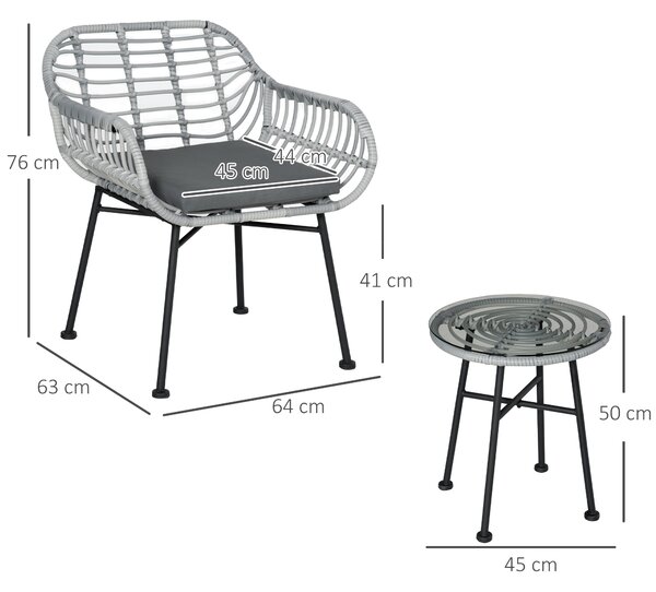 Outsunny Salotto da Esterno 3 Pezzi in Rattan PE, Set con 2 Sedie e Tavolino Vetro, Ideale per Terrazza e Bistrò - Grigio|Aosom