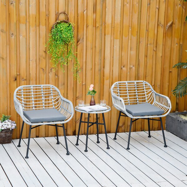 Outsunny Salotto da Esterno 3 Pezzi in Rattan PE, Set con 2 Sedie e Tavolino Vetro, Ideale per Terrazza e Bistrò - Grigio|Aosom
