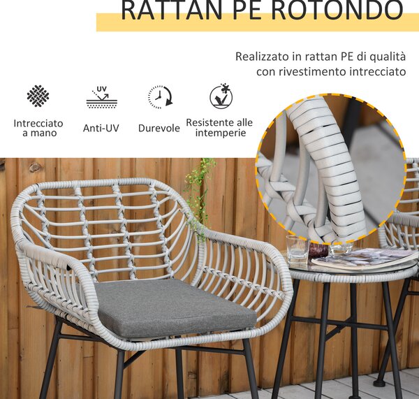 Outsunny Salotto da Esterno 3 Pezzi in Rattan PE, Set con 2 Sedie e Tavolino Vetro, Ideale per Terrazza e Bistrò - Grigio|Aosom