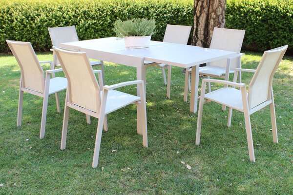 JERRI - set tavolo in alluminio cm 90/180 x 90 x 75 h con 6 poltrone Lotus