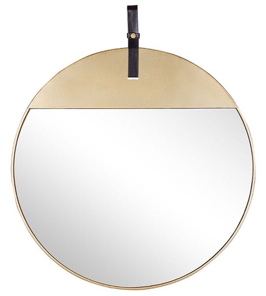 Specchio da parete in metallo dorato con cinturino in ecopelle rotondo 60 cm decorativo da appendere pezzo moderno glamour Beliani
