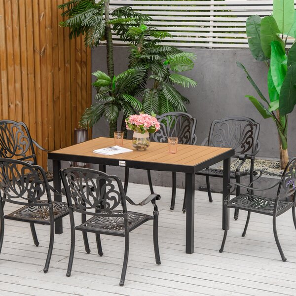 Outsunny Tavolo da Giardino per 6 Persone in Alluminio, Tavolo da Esterno in Plastica per Terrazzo e Balcone, Nero e Color Legno