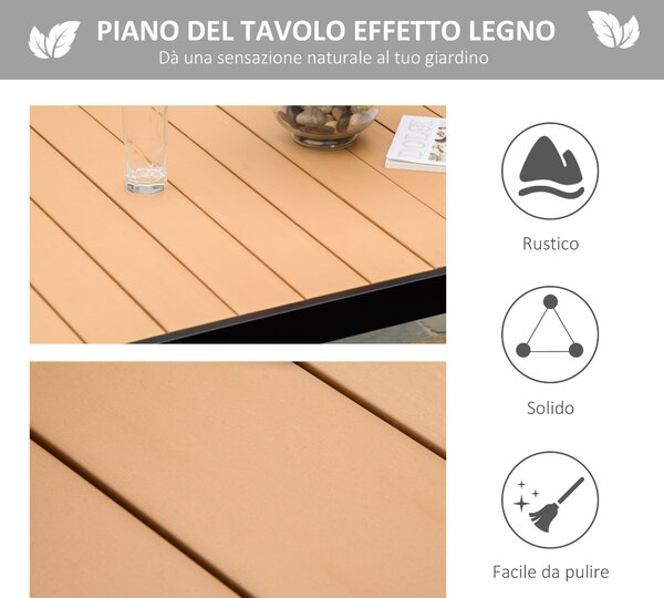 Outsunny Tavolo da Giardino per 6 Persone in Alluminio, Tavolo da Esterno in Plastica per Terrazzo e Balcone, Nero e Color Legno